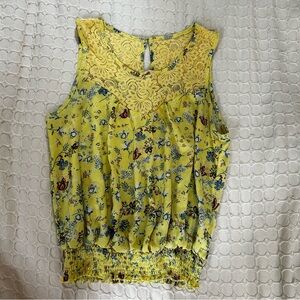 Womens yellow floral sleeveless blouse tank top lace detail elastic waist Size L